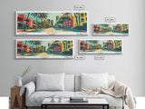 Miami Florida Panoramic Painting Framed Canvas Print, Travel Poster, Mid Century Modern Art, Pop Art Style, Wall Decor, Office Wall Art