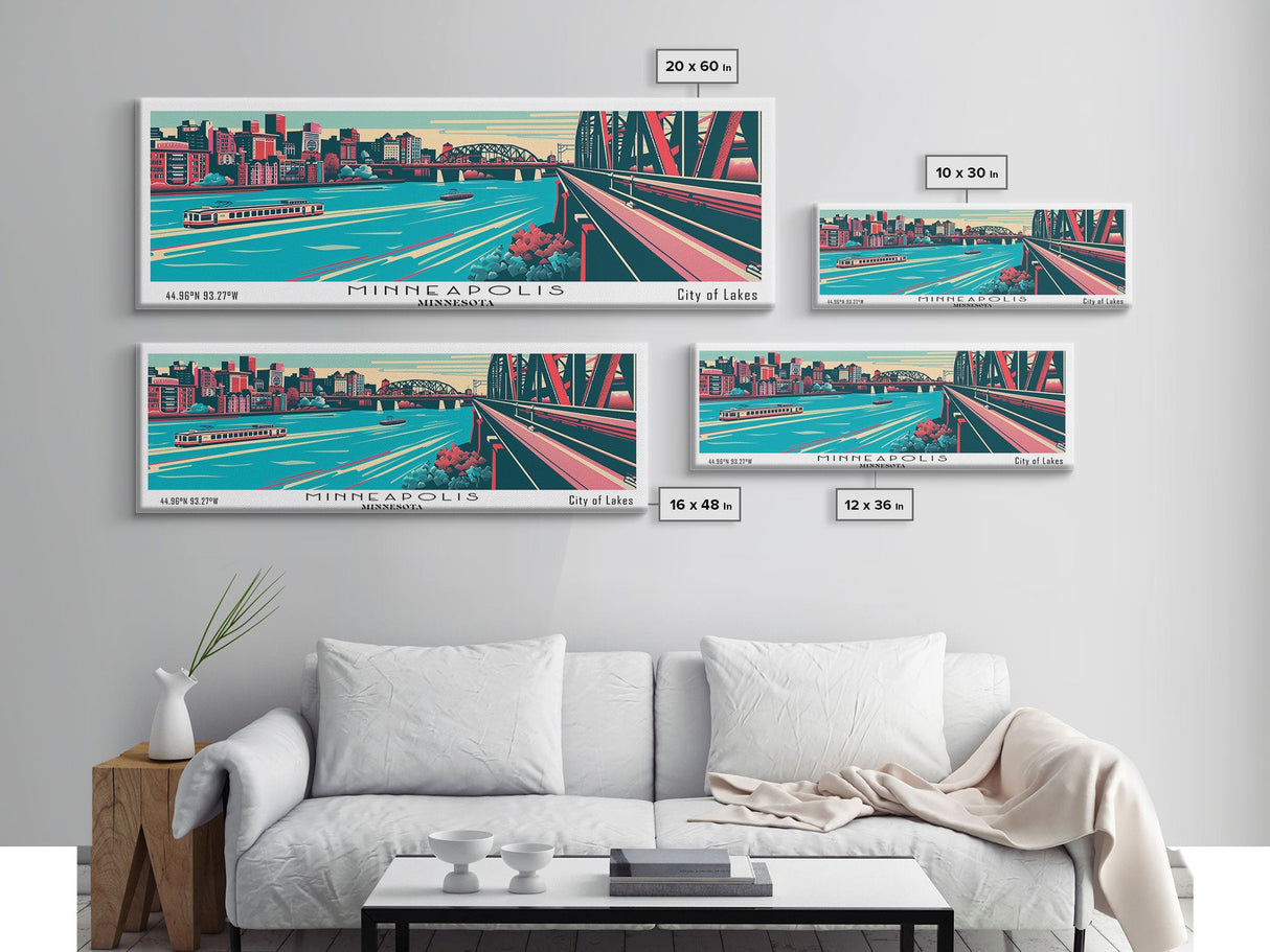 Minneapolis Minnesota Panoramic Wall Art Framed Canvas Print, Travel Poster, Mid Century Modern Art, Pop Art Style, Home Decor, Office Art