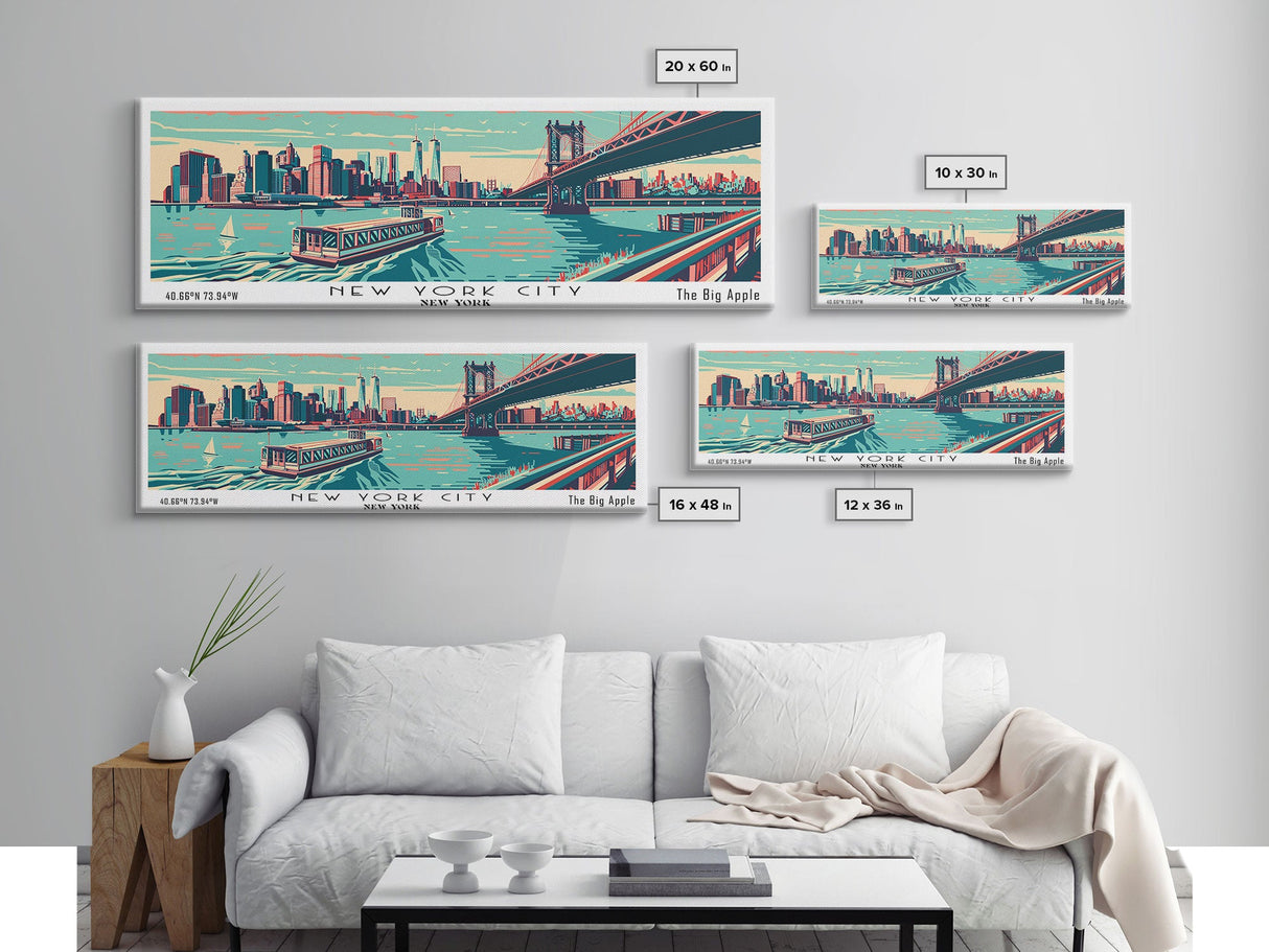 New York New York Panoramic Wall Art Framed Canvas Print, Travel Poster, Mid Century Modern Art, Pop Art Style, Wall Decor, Office Wall Art