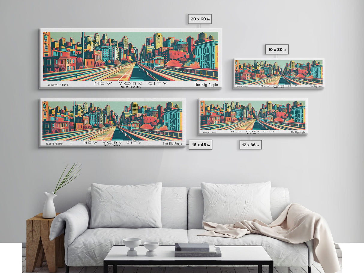 New York New York Panoramic Wall Art Framed Canvas Print, Travel Poster, Mid Century Modern Art, Pop Art Style, Wall Decor, Office Wall Art