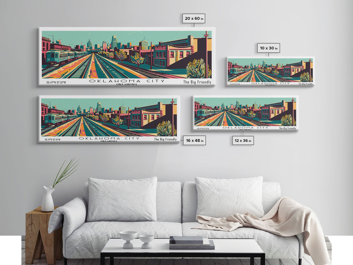 Oklahoma City Oklahoma Panoramic Wall Art Framed Canvas Print, Travel Poster, Mid Century Modern Art, Pop Art Style, Wall Decor, Office Art