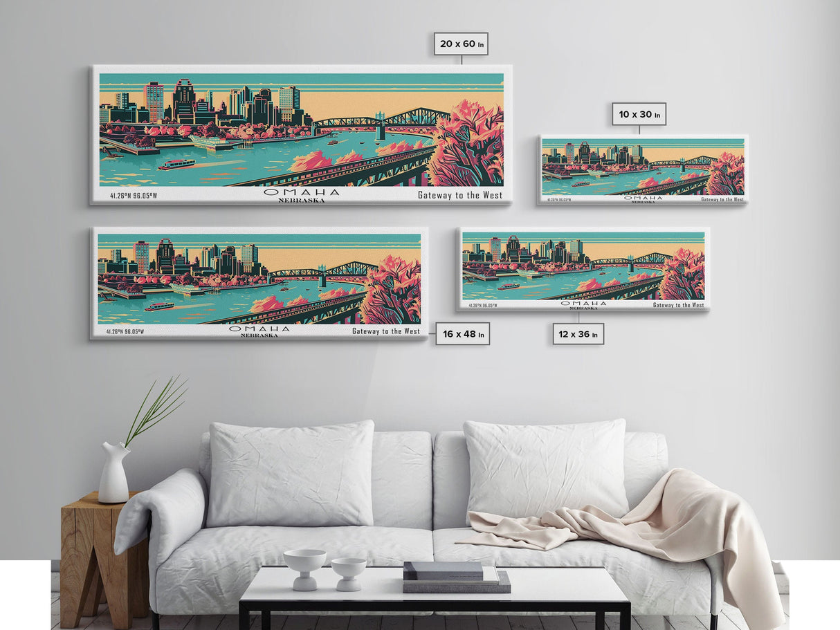 Omaha Nebraska Panoramic Painting Framed Canvas Print, Travel Poster, Mid Century Modern Art, Pop Art Style, Wall Art, Home Decor