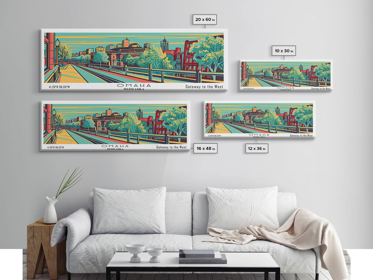 Omaha Nebraska Panoramic Painting Framed Canvas Print, Travel Poster, Mid Century Modern Art, Pop Art Style, Wall Art, Home Decor