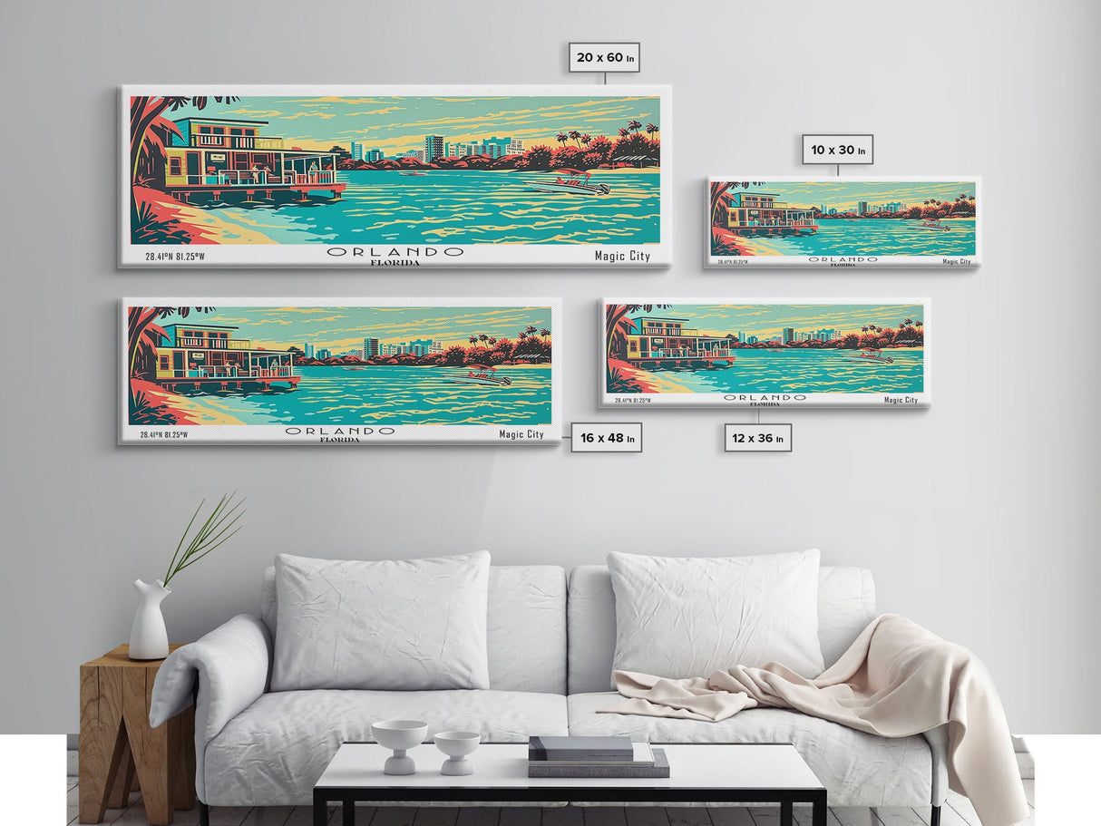 Orlando Florida Panoramic Painting Framed Canvas Print, Travel Poster, Mid Century Modern Art, Pop Art Style, Wall Decor, Office Art