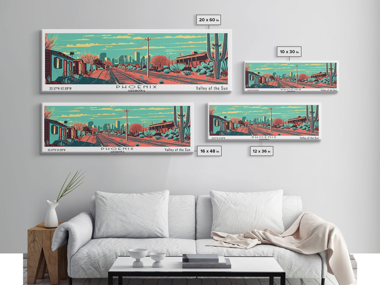 Phoenix Arizona Panoramic Wall Art Framed Canvas Print, Travel Poster, Mid Century Modern Art, Pop Art Style, Home Decor, Living Room Art