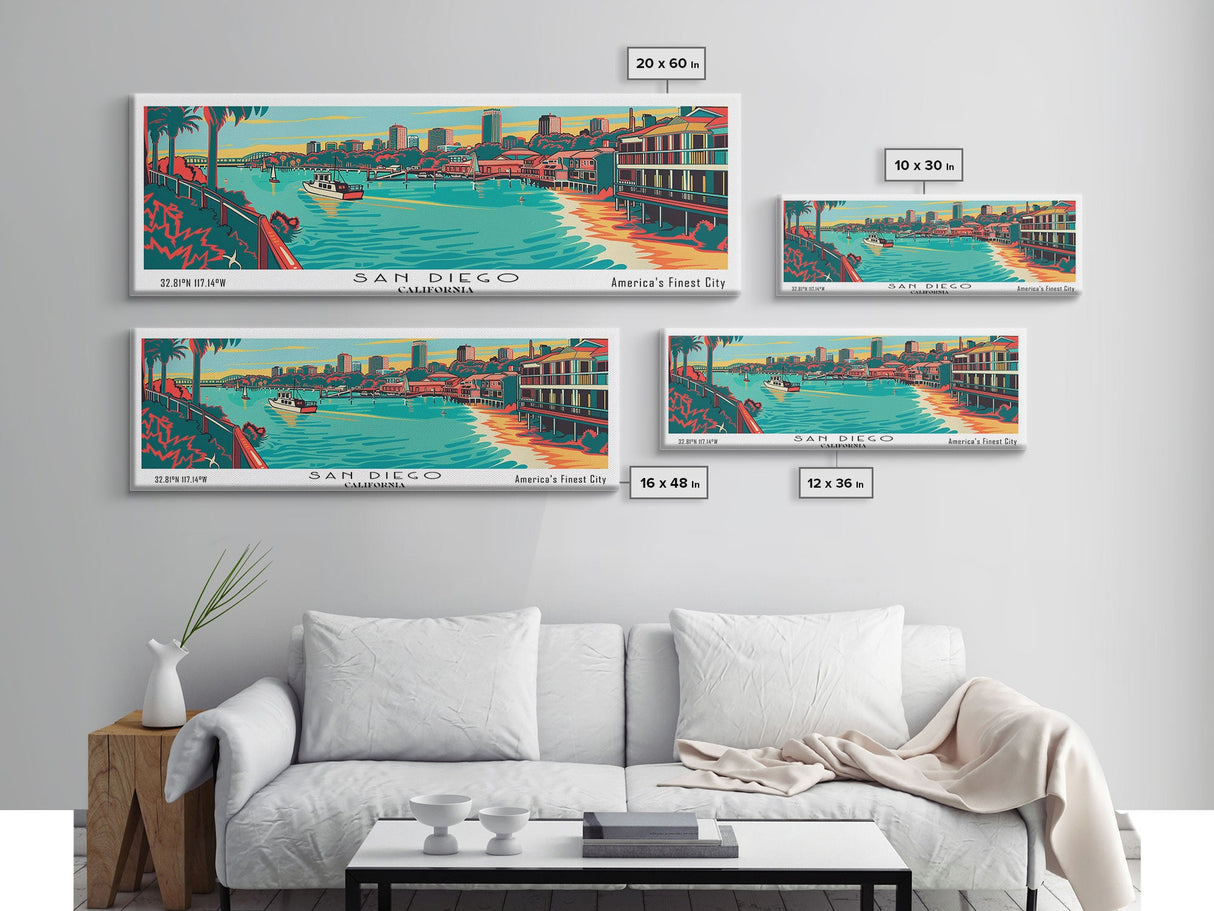 San Diego California Panoramic Painting Framed Canvas Print, Travel Poster, Mid Century Modern Art, Pop Art Style, Wall Decor, Living Room Art