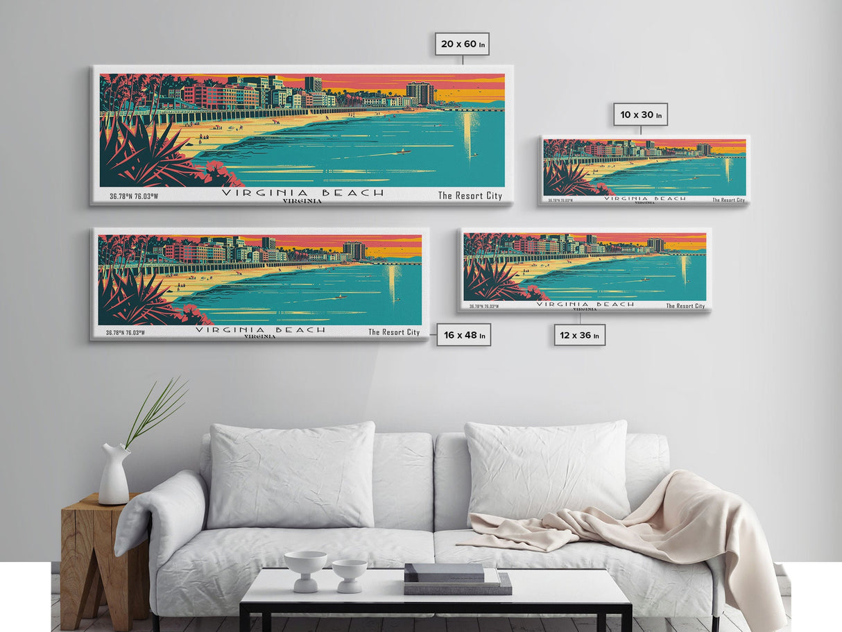 Virginia Beach Virginia Panoramic Travel Poster Framed Canvas Print, Mid Century Modern Art, Pop Art Style, Wall Art, Home Decor, Retro Style Art