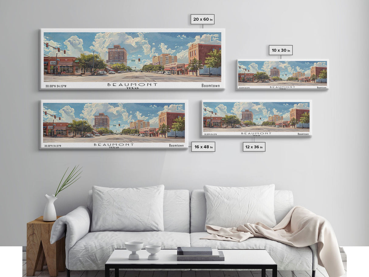 Beaumont Texas Panoramic Painting, Watercolor Framed Canvas Print, Scenic City Art, Travel Poster, Wall Hanging, Living Room Art, Gift Idea