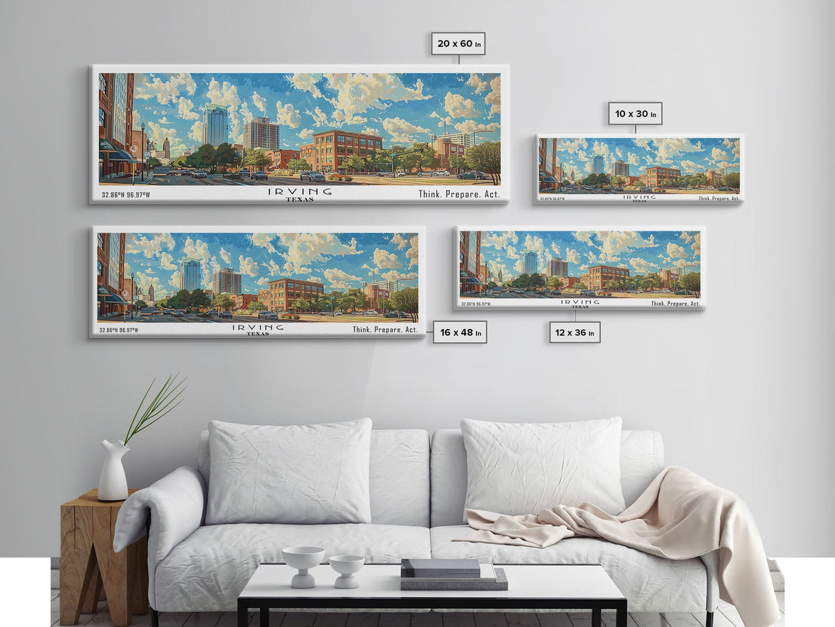 Irving Texas Panoramic Wall Art, Watercolor Framed Canvas Print, Urban Cityscape for Living Room, Travel Poster, Home Decoration