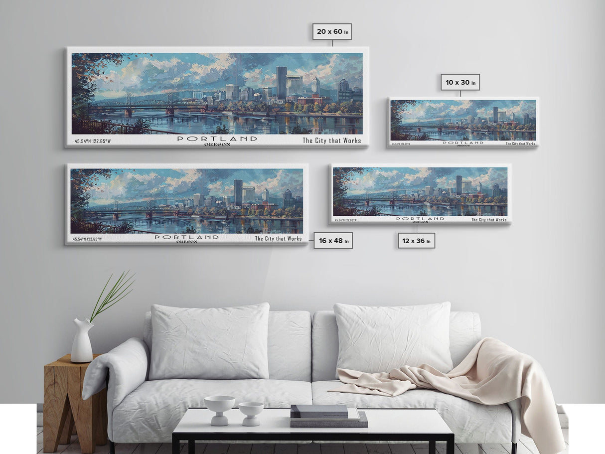 Portland Oregon Panoramic Print, Unique Framed Canvas Print, Travel Poster Art, Wall Hanging, Living Room Decor, Artistic Gift