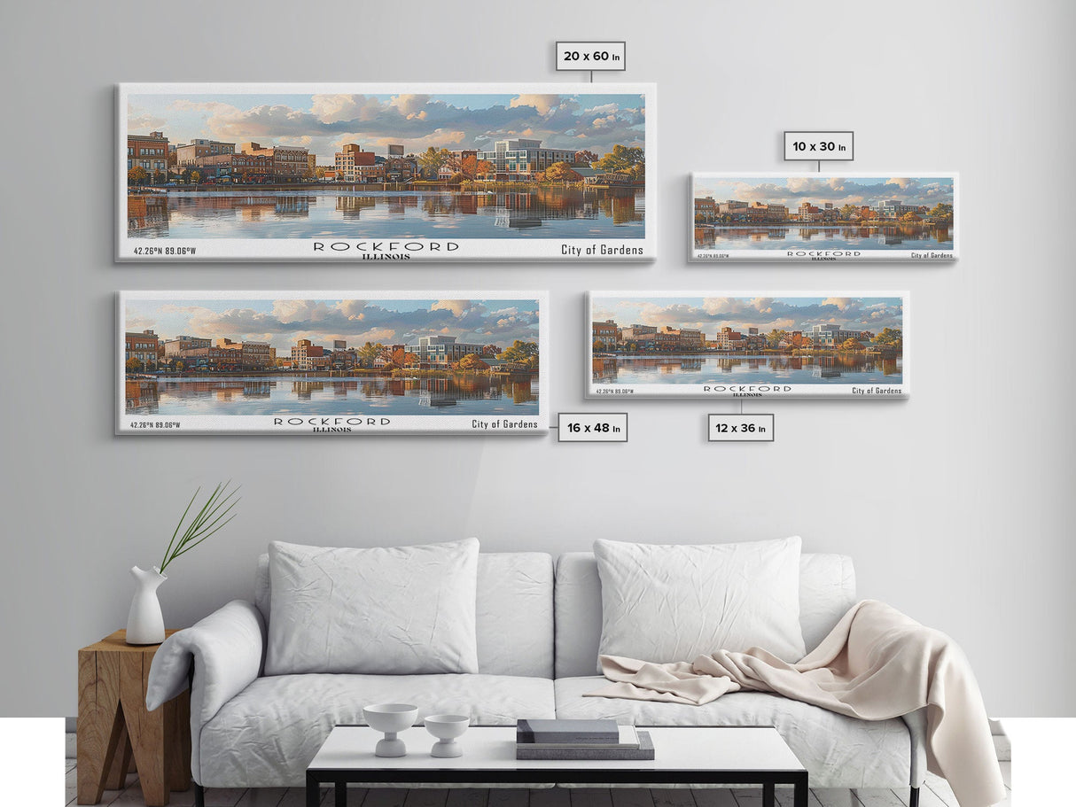 Rockford Illinois Panoramic Print, Trendy Framed Canvas Print, City Travel Poster, Home Decor, Office Wall Art, Gift Idea