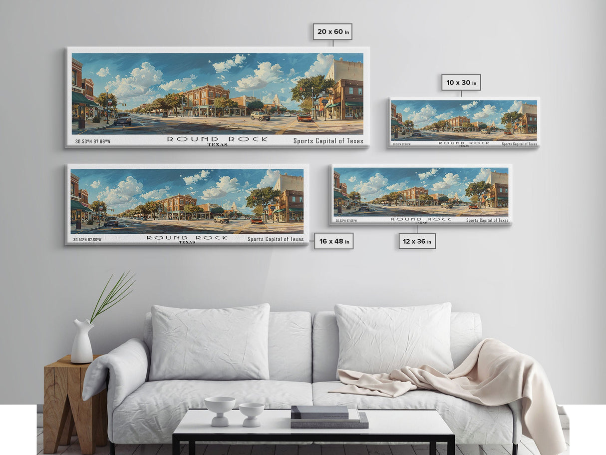 Round Rock Texas Panoramic Print, Elegant Framed Canvas Print, Travel Poster Art, Living Room Decor, Home Wall Art