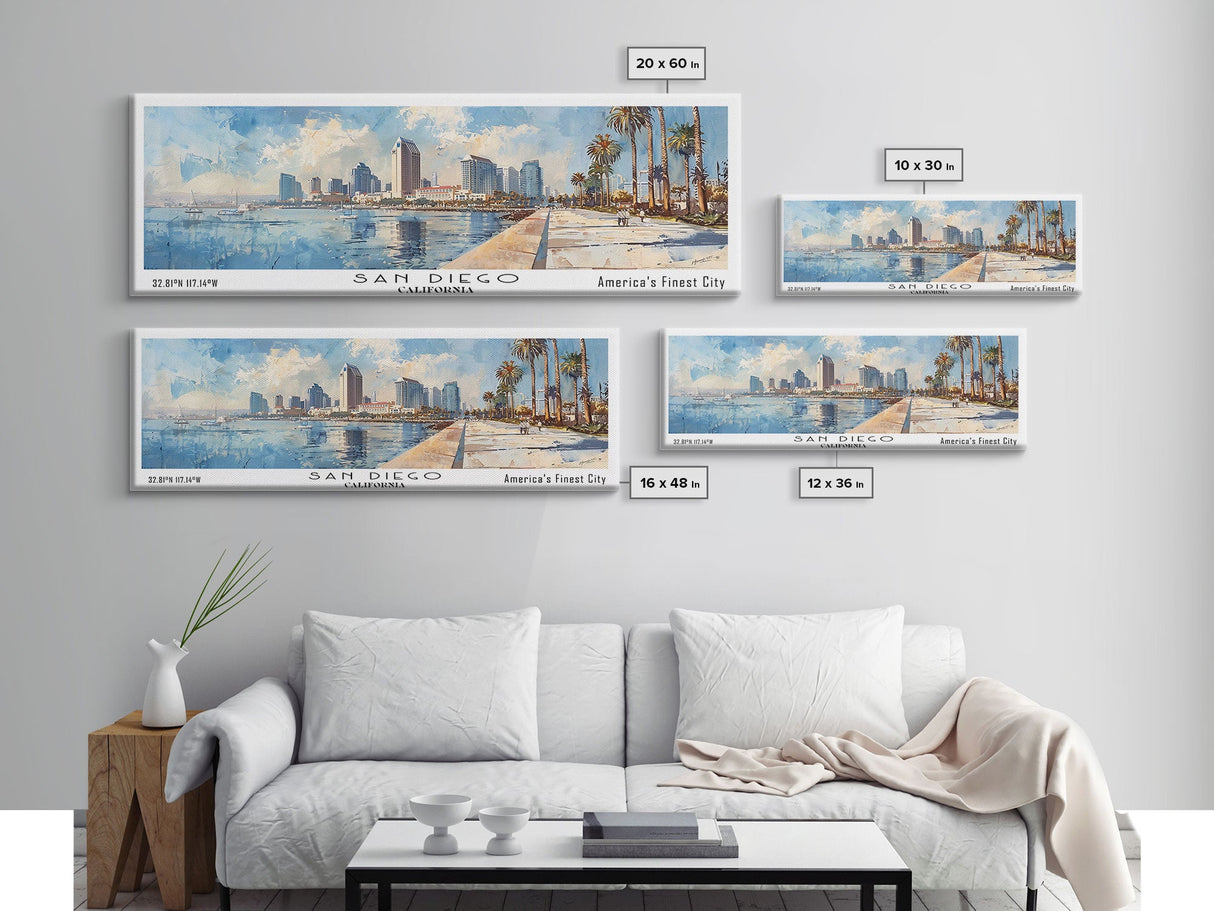 San Diego California Panoramic Print, Creative Framed Canvas Print, Travel Poster Art, Living Room Decor, Office Wall Art