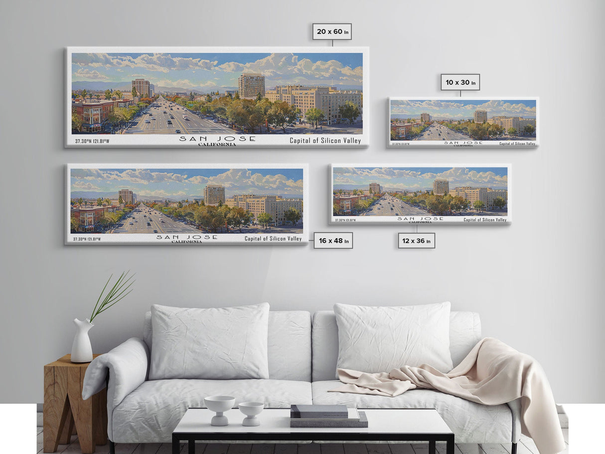 San Jose California Panoramic Print, Artistic Framed Canvas Print, City Travel Poster, Home Decoration, Office Wall Art