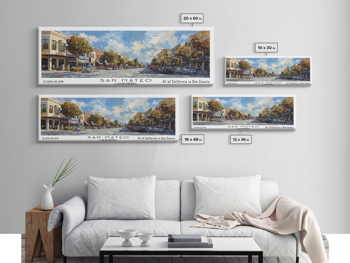 San Mateo California Panoramic Print, Stylish Framed Canvas Print, Travel Poster Art, Living Room Decor, Home Wall Art