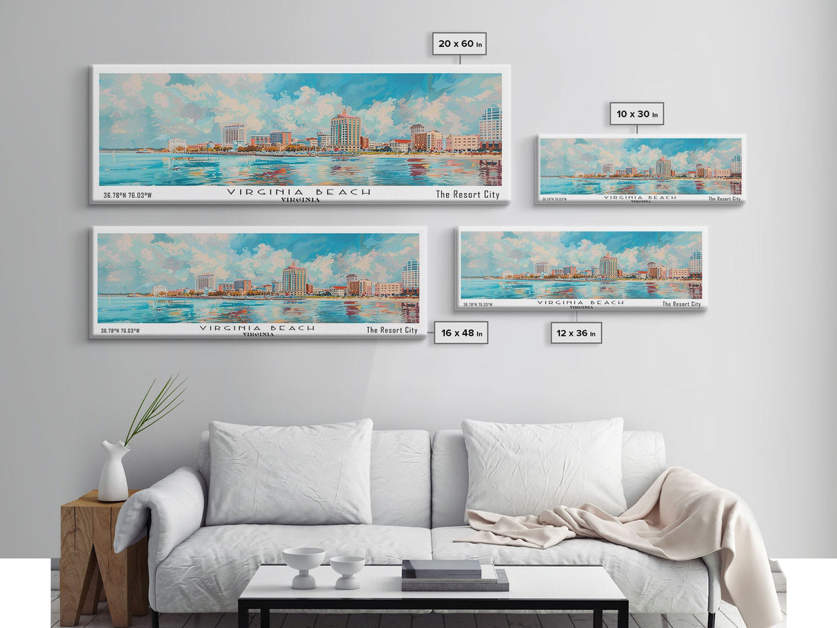 Virginia Beach Virginia Panoramic Painting, Framed Canvas Print, Retro Style Travel Poster, Unique Home Decor, Artistic Office Wall Art