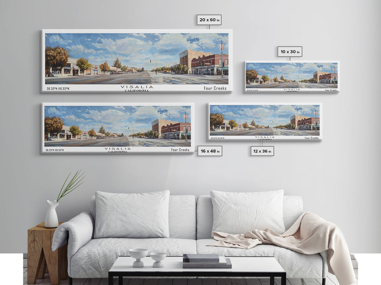 Visalia California Panoramic Framed Canvas Print, Retro Travel Poster, Artistic Wall Art, Unique Living Room Decor, Office Gift Idea, Original Artwork