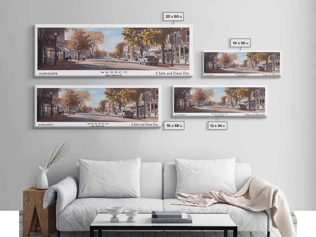 Warren Michigan Panoramic Painting, Framed Canvas Print, Retro Travel Poster, Artistic Wall Art, Unique Living Room Decor, Office Gift