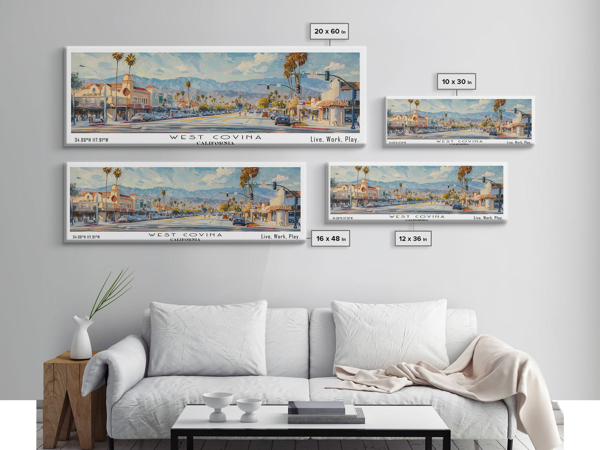 West Covina California Panoramic Framed Canvas Print, Retro Travel Poster, Unique Wall Art, Artistic Living Room Decor, Office Gift, Original Artwork