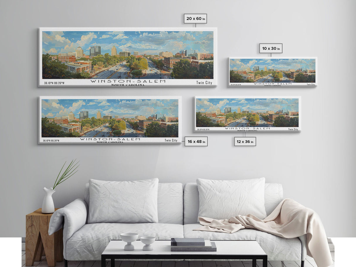 Winston-Salem North Carolina Panoramic Framed Canvas Print, Retro Travel Poster, Artistic Wall Art, Unique Living Room Decor, Office Gift, Original Artwork