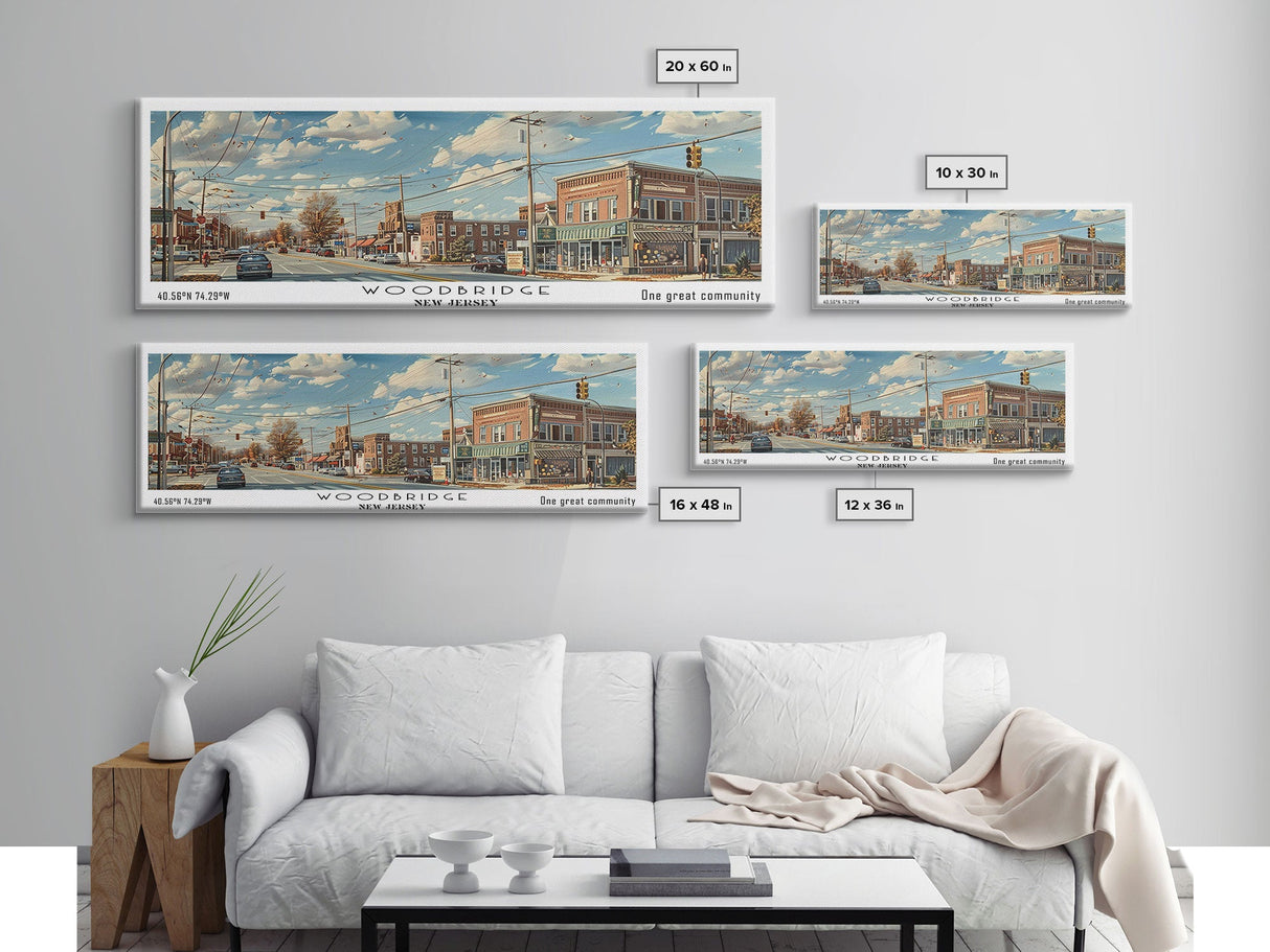 Woodbridge New Jersey Panoramic Painting, Framed Canvas Print, Retro Style Travel Poster, Artistic Wall Art, Unique Home Decor, Office Gift Idea