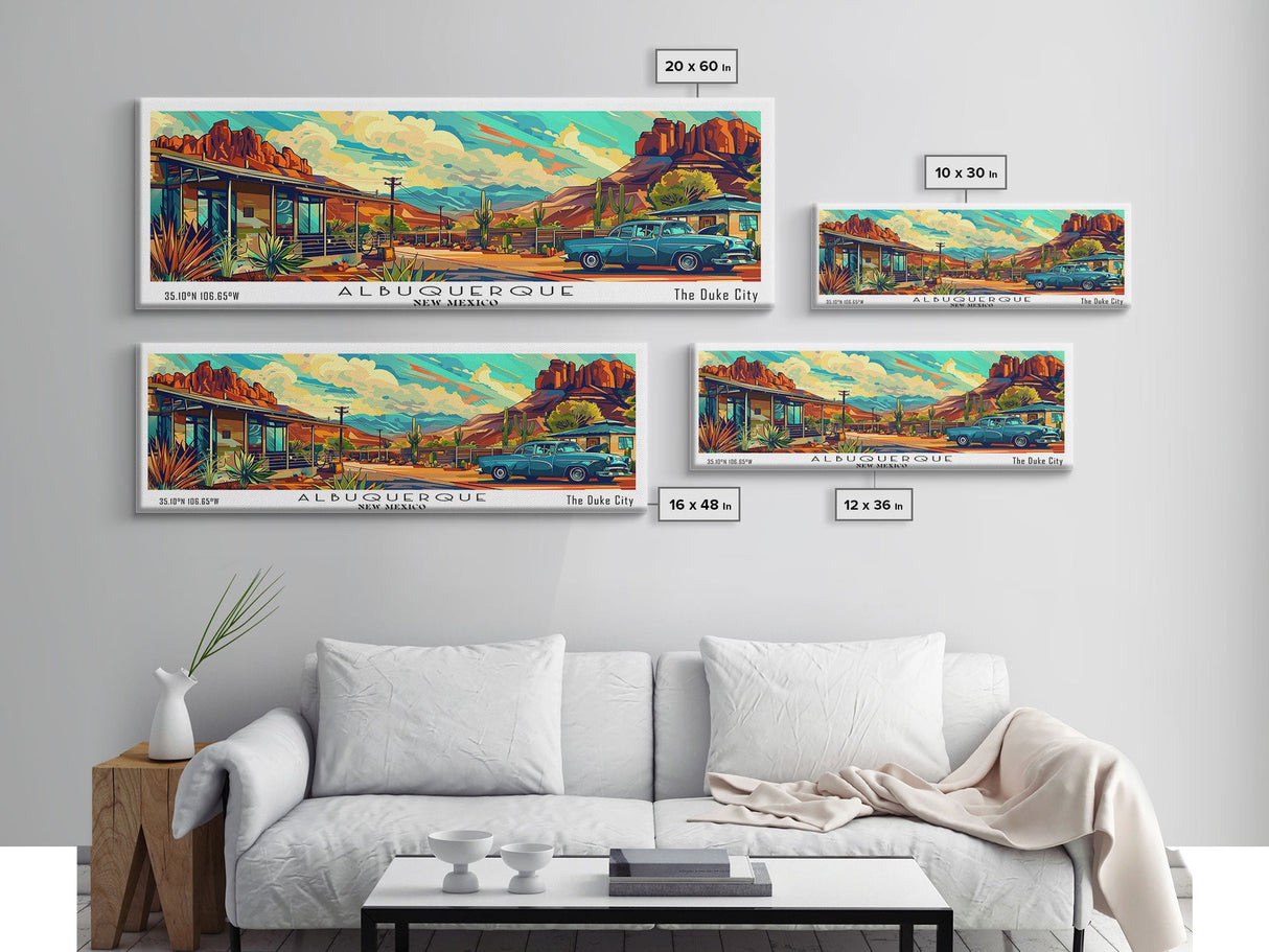 Albuquerque New Mexico Panoramic Painting Framed Canvas Print, Mid Century Modern Art, Pop Art Style, Travel Poster, Wall Art Decor