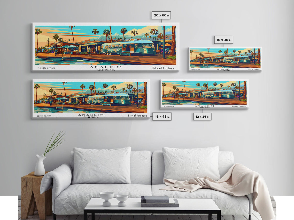 Anaheim California Panoramic Wall Art Framed Canvas Print, Mid Century Modern Art, Pop Art Style, Travel Poster, Home Decor, Retro Style