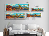 Bakersfield California Panoramic Painting Framed Canvas Print, Mid Century Modern Art, Pop Art Style, Travel Poster, Living Room Decor