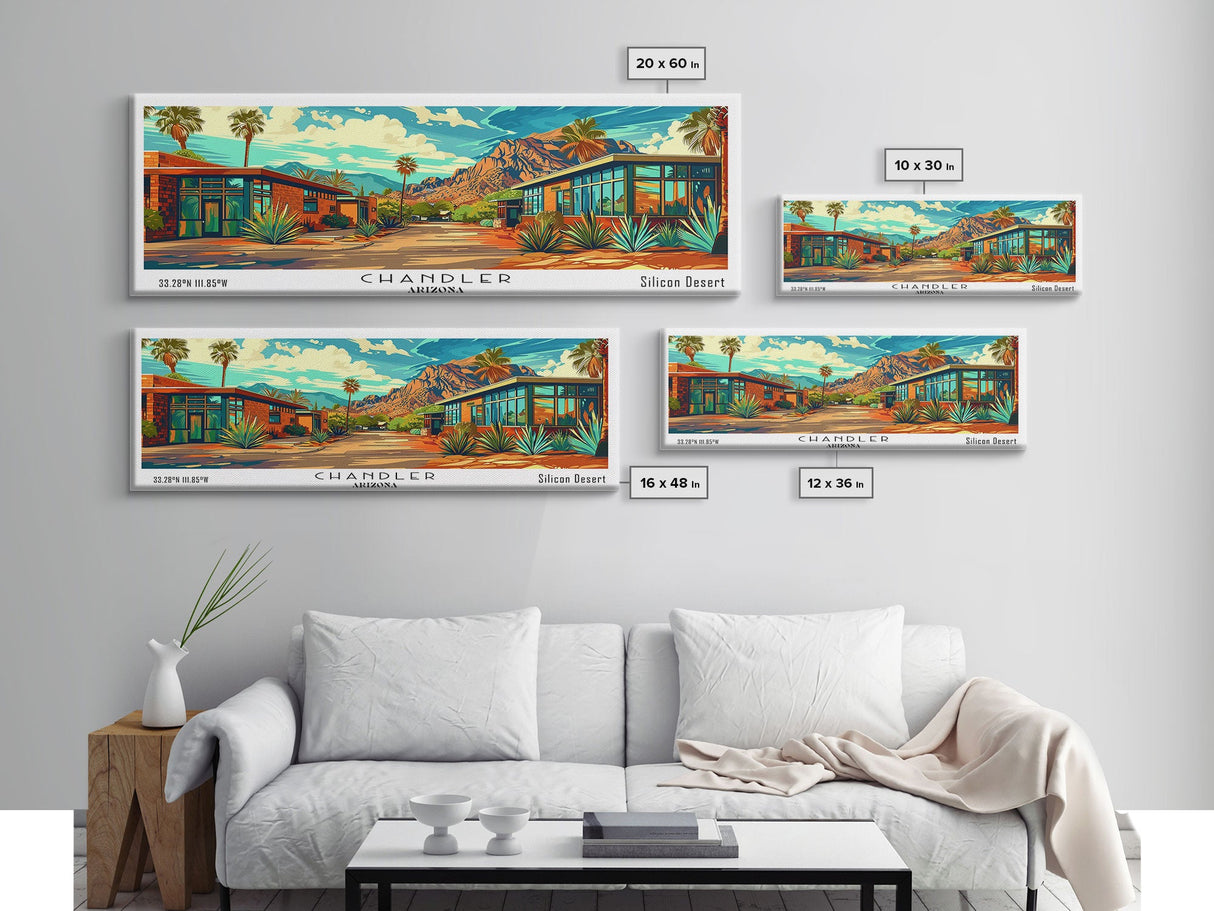 Chandler Arizona Panoramic Wall Art Framed Canvas Print, Mid Century Modern Art, Pop Art Style, Travel Poster, Home Decor, Retro Style