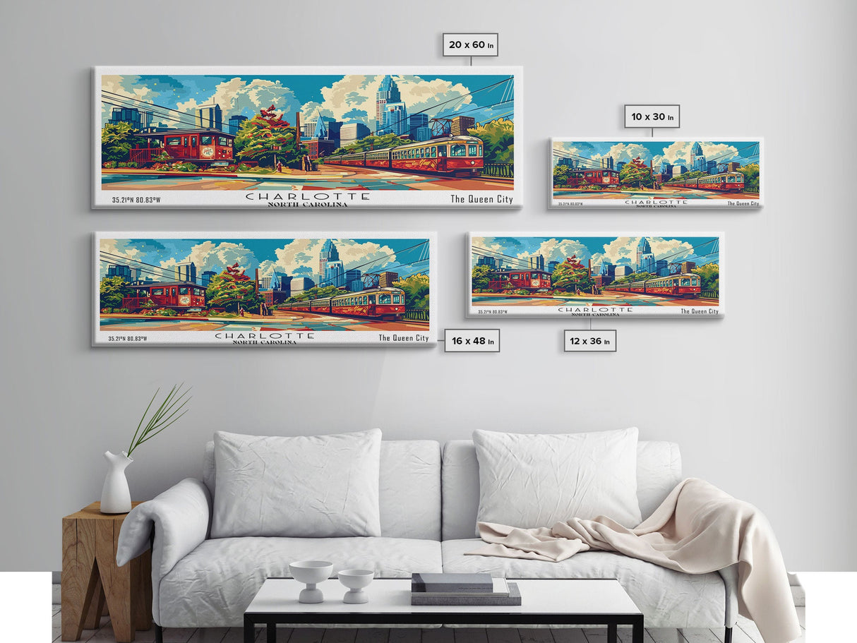 Charlotte North Carolina Panoramic Painting Framed Canvas Print, Mid Century Modern Art, Pop Art Style, Travel Poster, Wall Art Decor