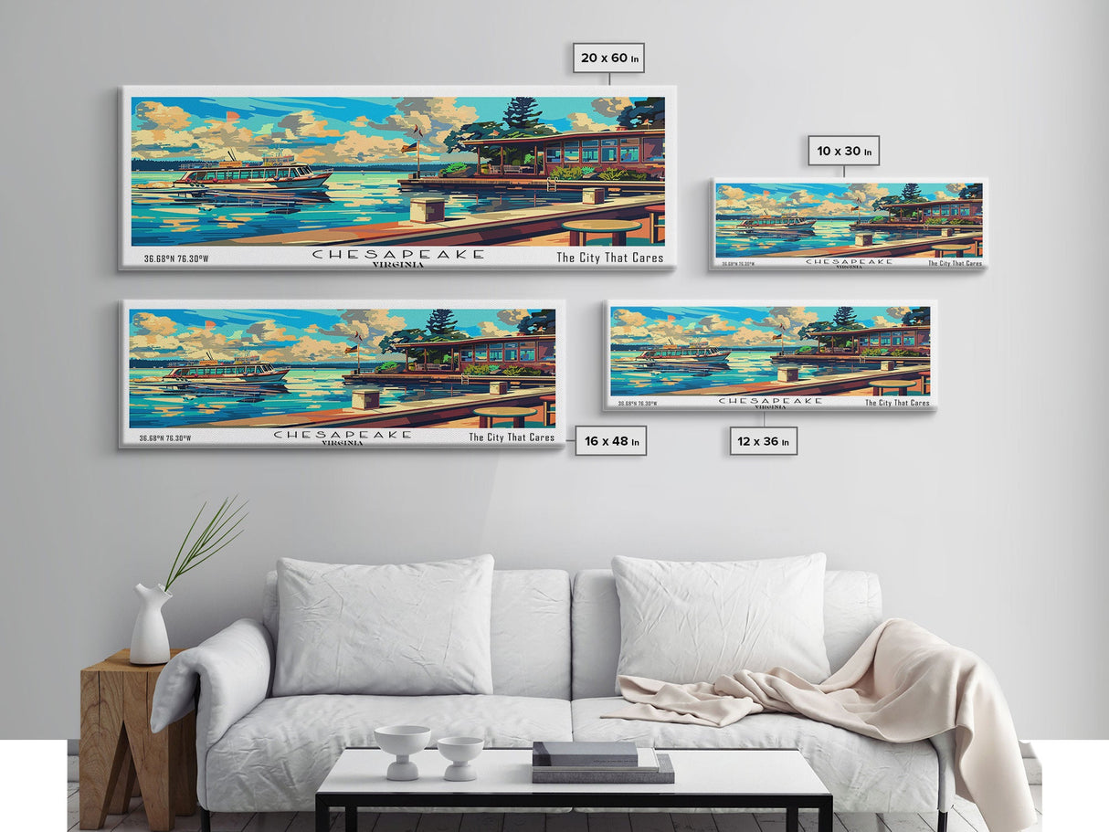 Chesapeake Virginia Panoramic Travel Poster Framed Canvas Print, Mid Century Modern Art, Pop Art Style, Wall Art Decor, Home Decoration