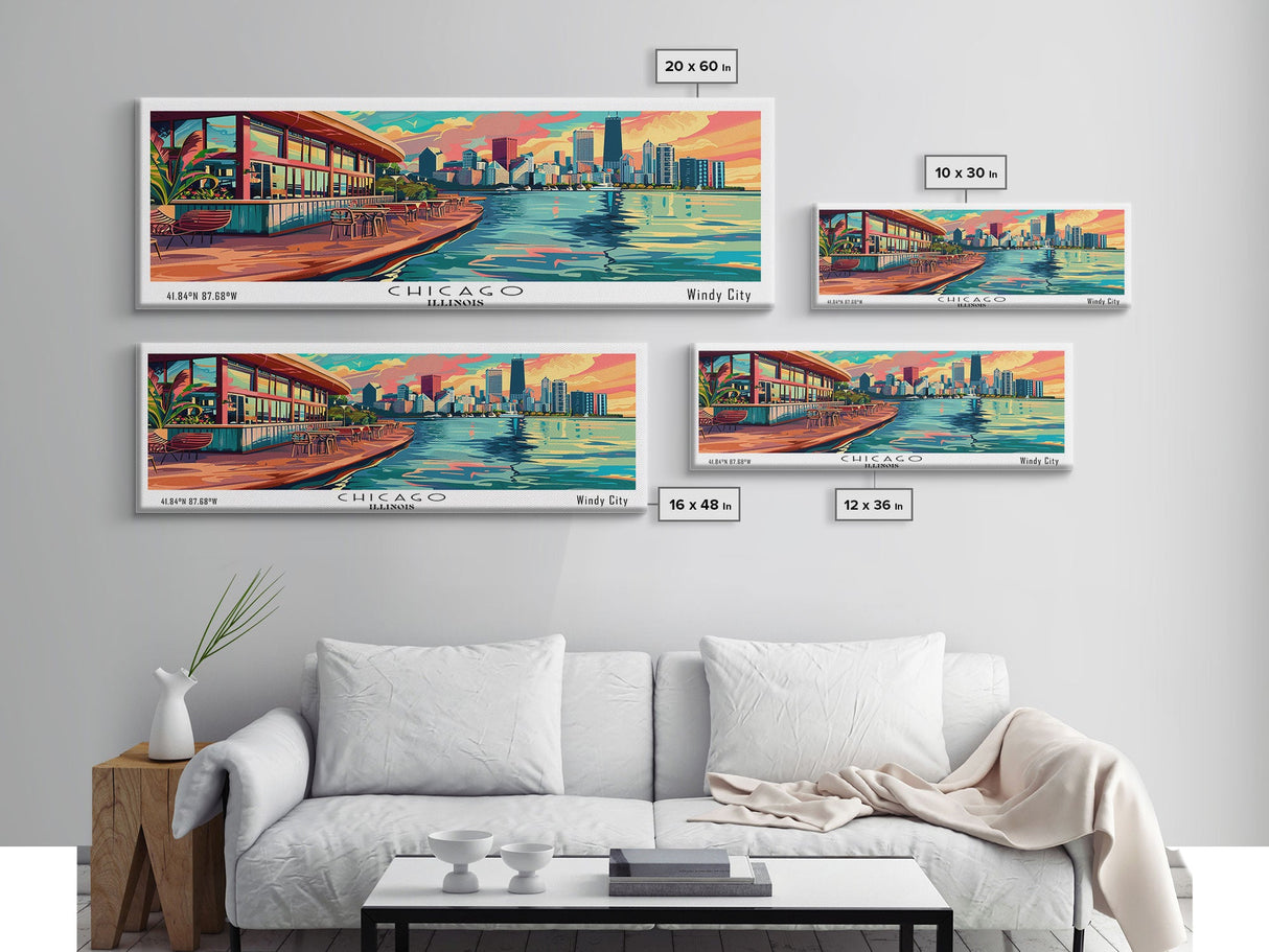 Chicago Illinois Panoramic Painting Framed Canvas Print, Mid Century Modern Art, Pop Art Style, Travel Poster, Living Room Decor