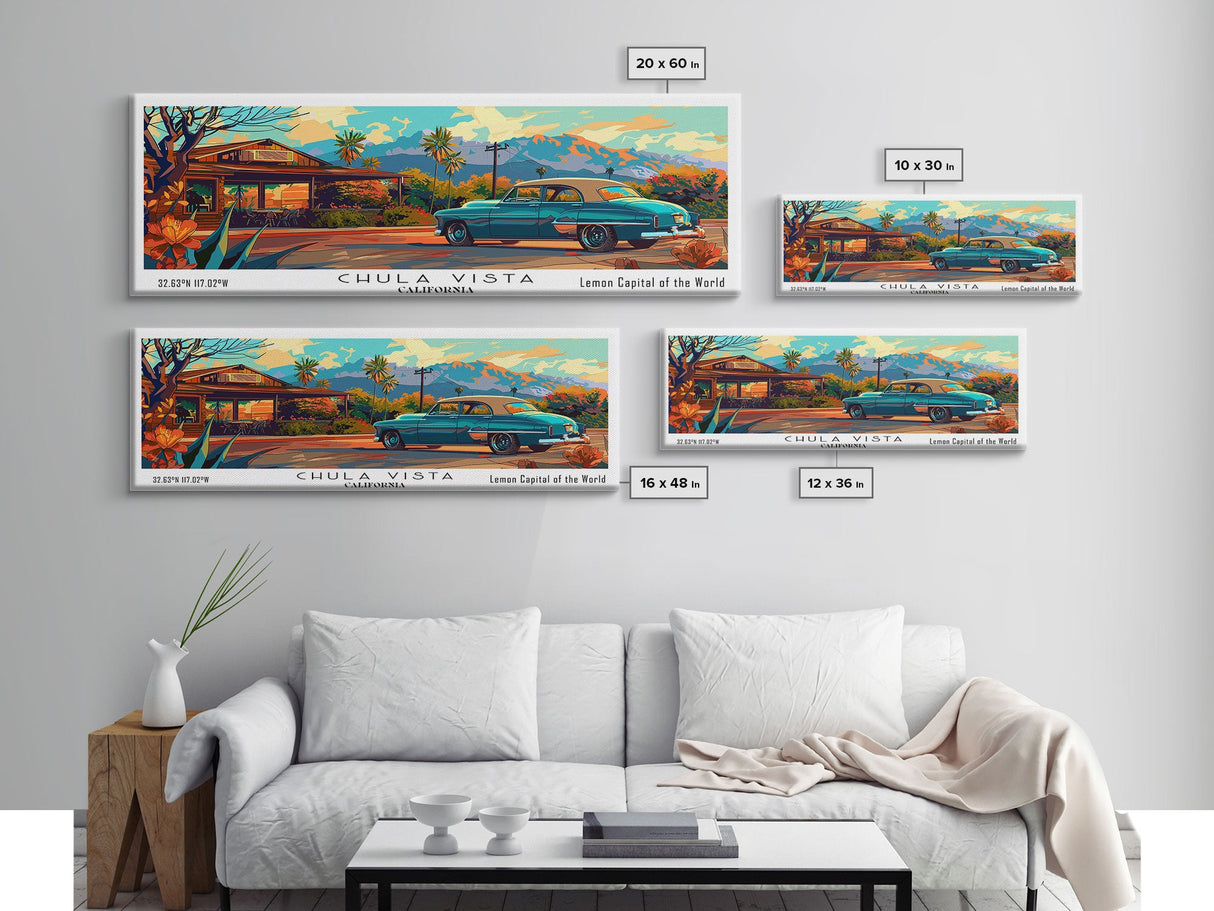 Chula Vista California Panoramic Wall Art Framed Canvas Print, Mid Century Modern Art, Pop Art Style, Travel Poster, Home Decor, Retro Style