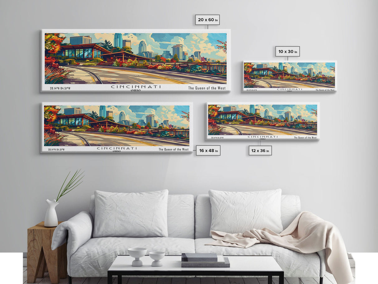 Cincinnati Ohio Panoramic Painting Framed Canvas Print, Mid Century Modern Art, Pop Art Style, Travel Poster, Wall Art Decor