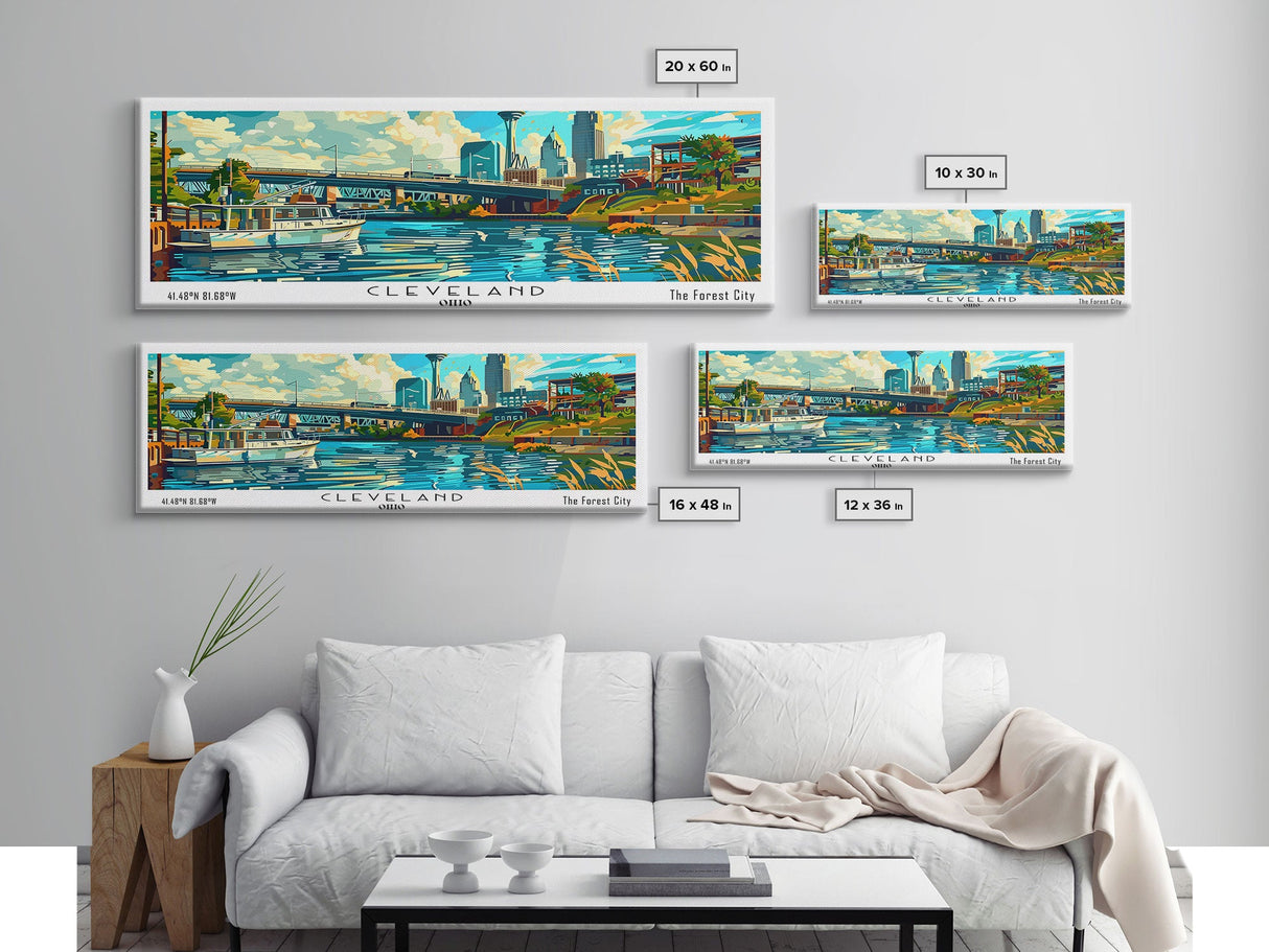 Cleveland Ohio Panoramic Wall Art Framed Canvas Print, Mid Century Modern Art, Pop Art Style, Travel Poster, Home Decor, Retro Style