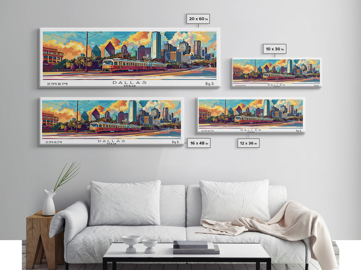 Dallas Texas Panoramic Wall Art Framed Canvas Print, Mid Century Modern Art, Pop Art Style, Travel Poster, Home Decor, Wall Hanging