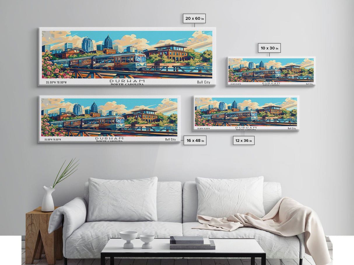 Durham North Carolina Panoramic Travel Poster Framed Canvas Print, Mid Century Modern Art, Pop Art Style, Wall Art Decor, Home Decoration