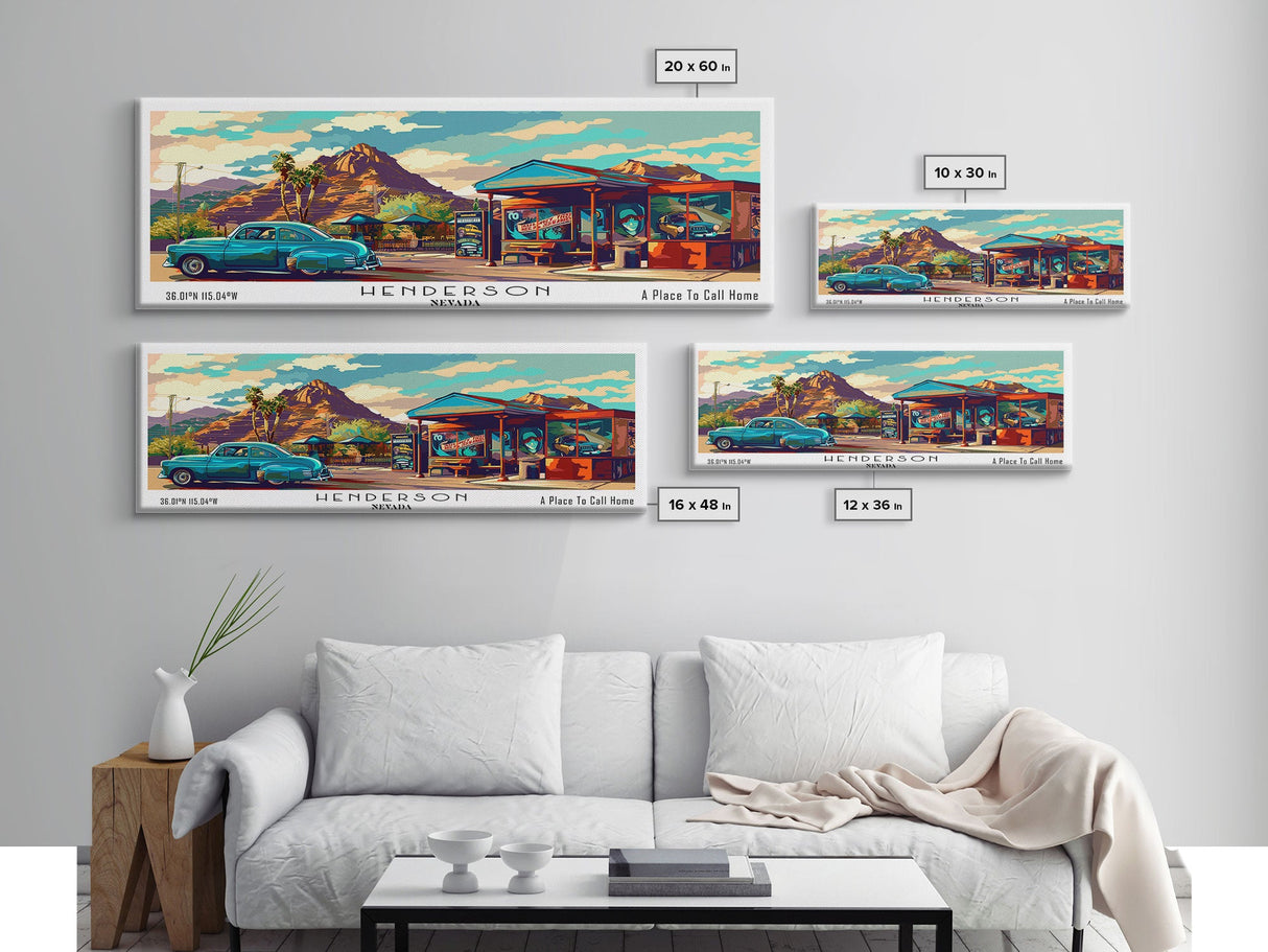 Henderson Nevada Panoramic Painting Framed Canvas Print, Mid Century Modern Art, Pop Art Style, Travel Poster, Living Room Decor