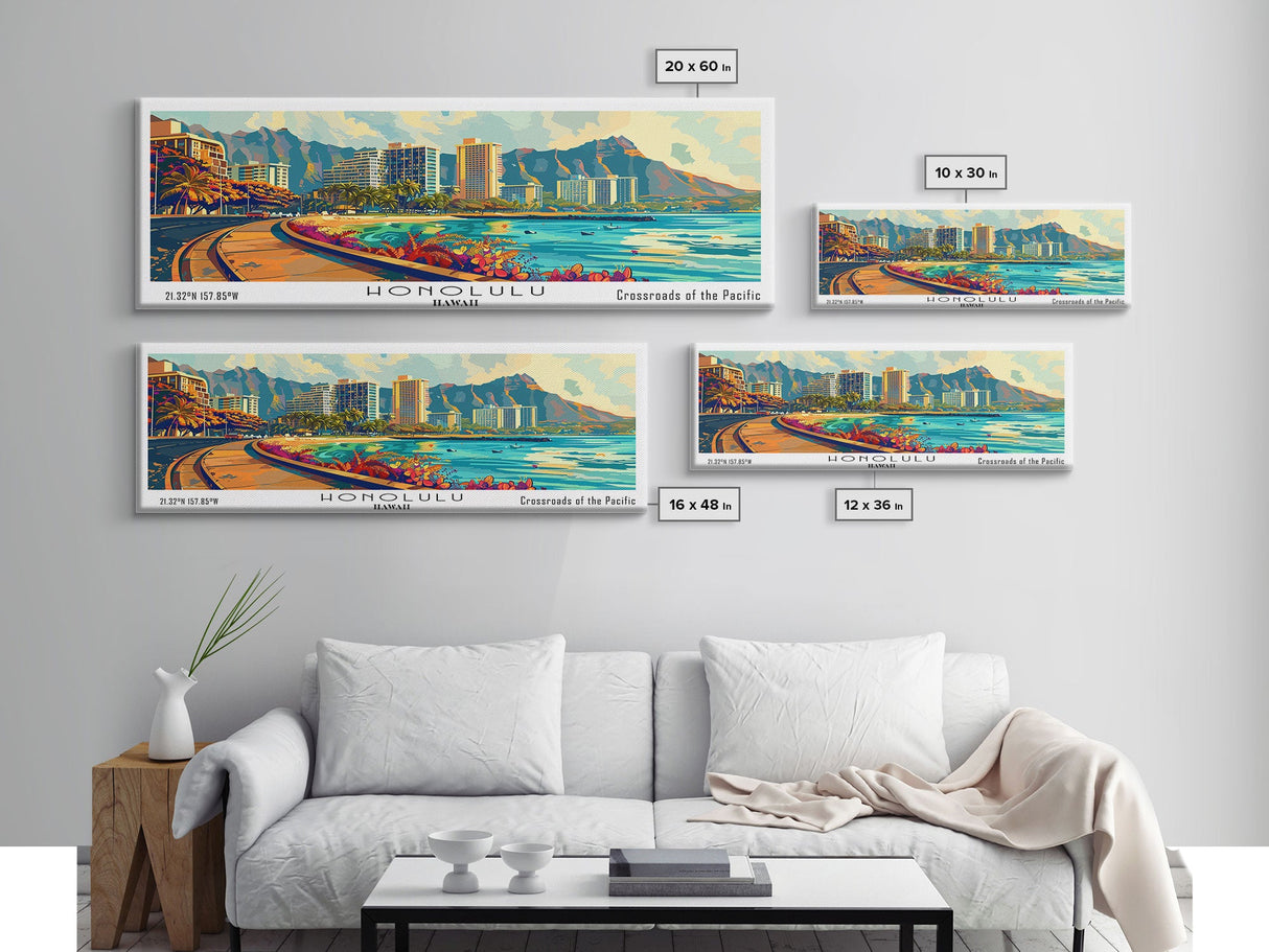 Honolulu Hawaii Panoramic Wall Art Framed Canvas Print, Mid Century Modern Art, Pop Art Style, Travel Poster, Home Decor, Retro Style