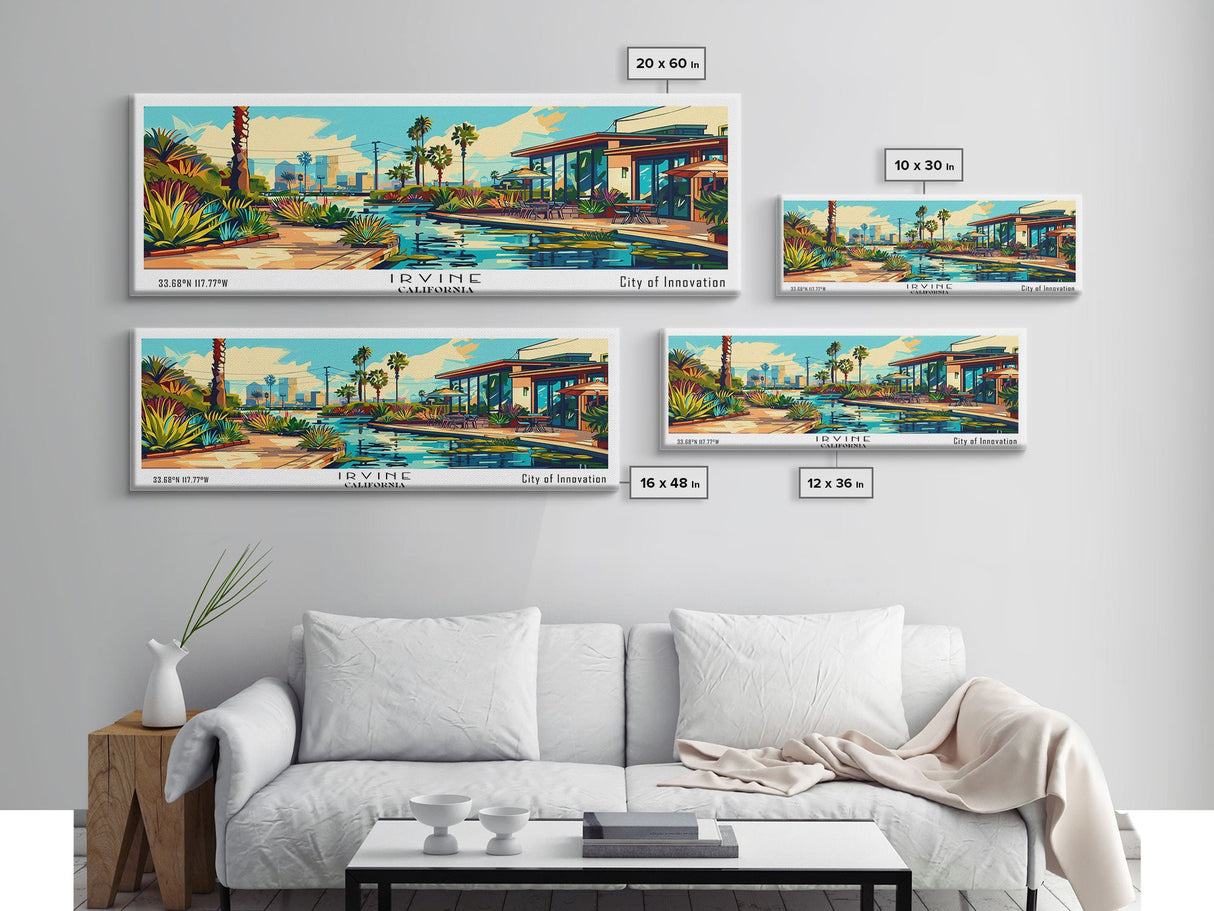 Irvine California Panoramic Travel Poster Framed Canvas Print, Mid Century Modern Art, Pop Art Style, Wall Art Decor, Home Decoration