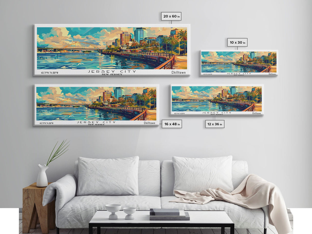 Jersey City New Jersey Panoramic Framed Canvas Print, Retro Style Wall Art, Mid Century Modern Home Decor, Pop Art Travel Poster