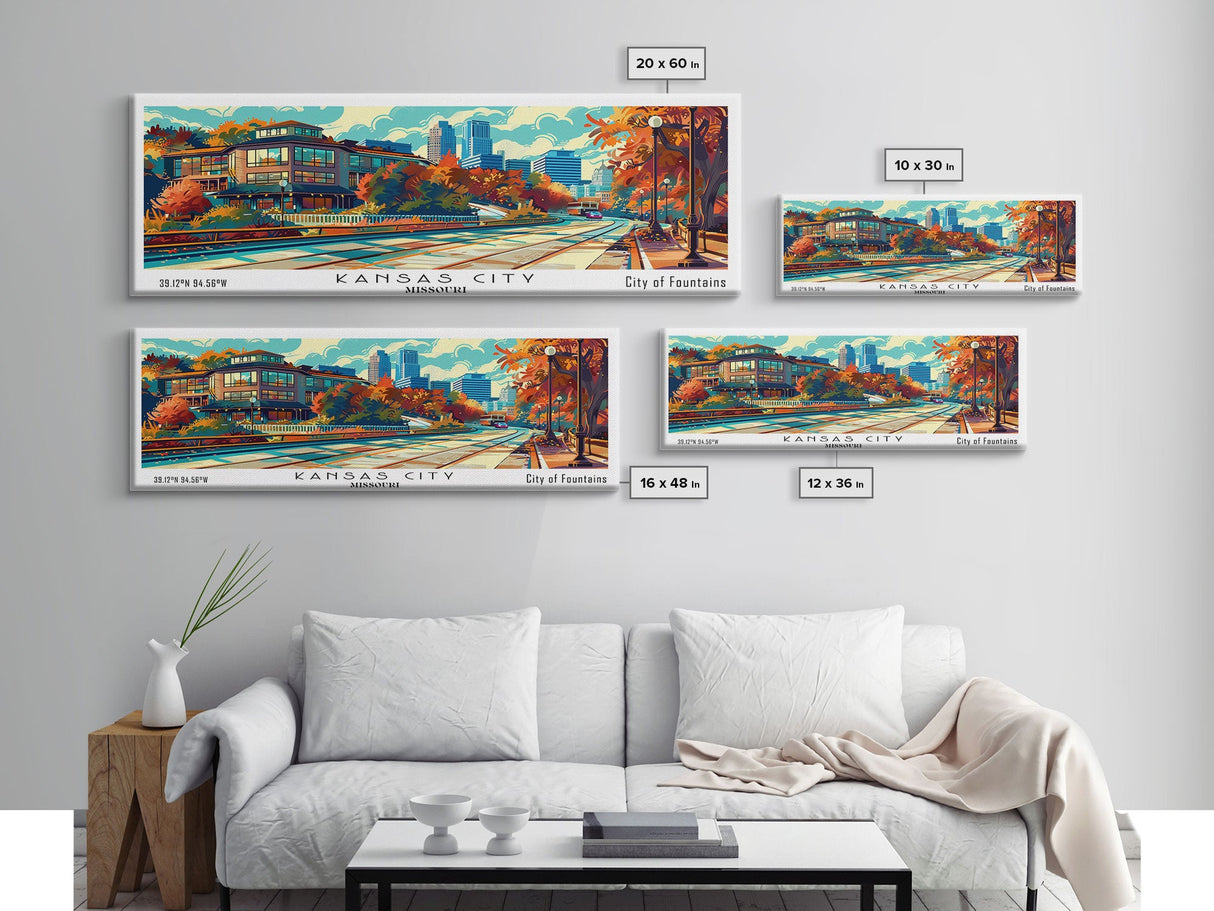 Kansas City Missouri Panoramic Painting, Mid Century Modern Framed Canvas Print, Pop Art Wall Hanging, Retro Travel Poster