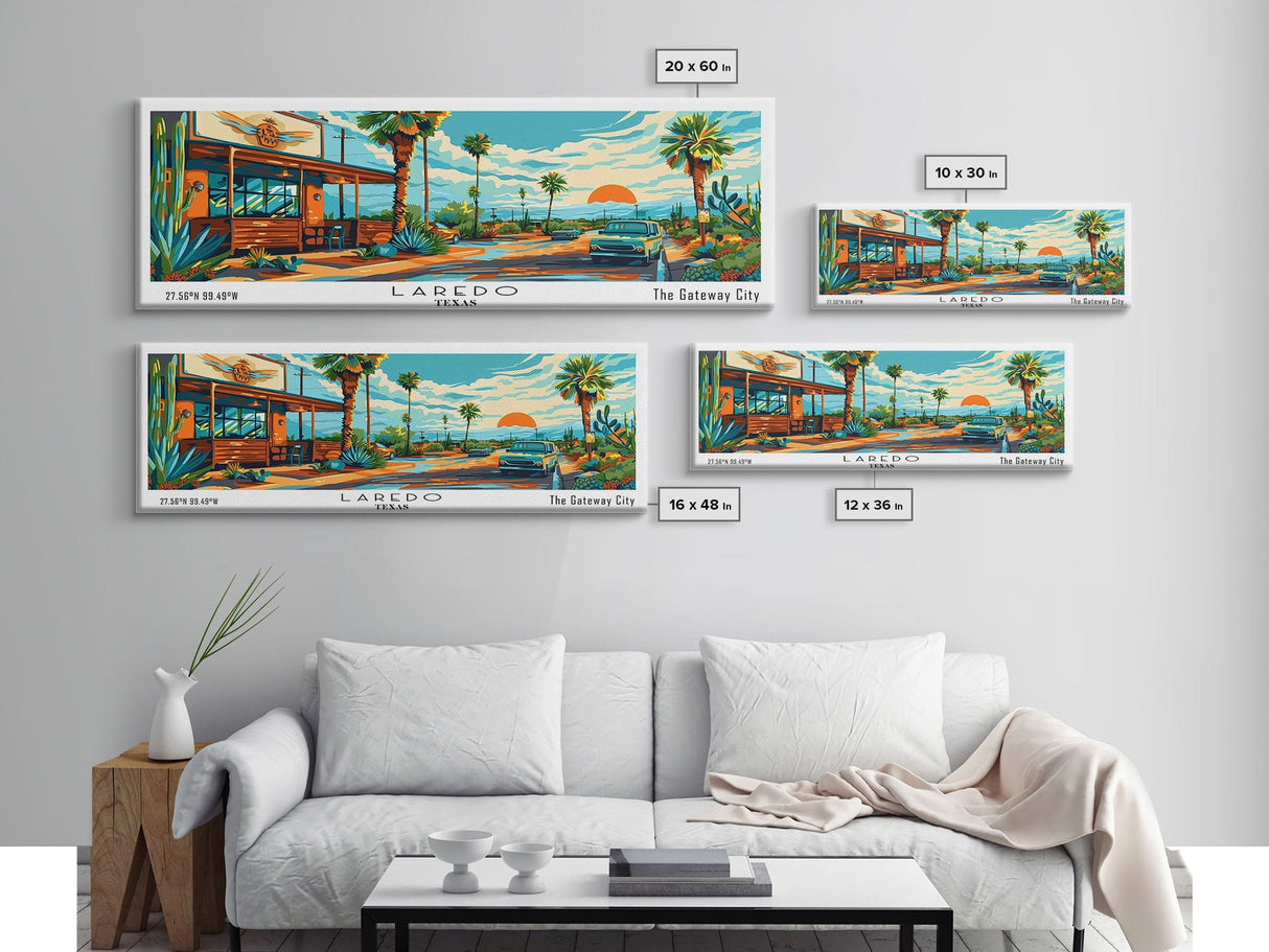 Laredo Texas Panoramic Wall Art, Pop Art Framed Canvas Print, Mid Century Modern Home Decor, Retro Style Travel Poster