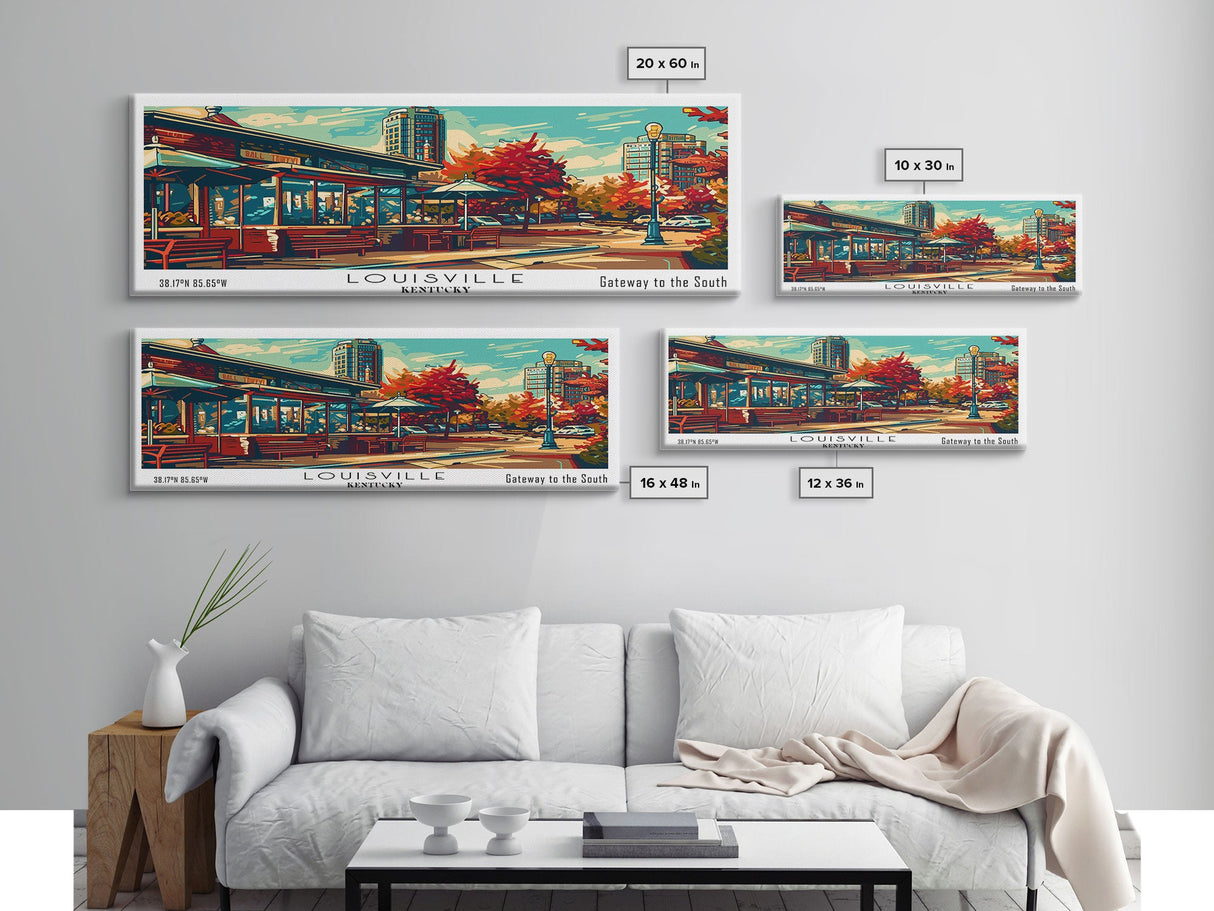 Louisville Kentucky Panoramic Wall Art, Mid Century Modern Framed Canvas Print, Retro Pop Art Travel Poster, Home Decor