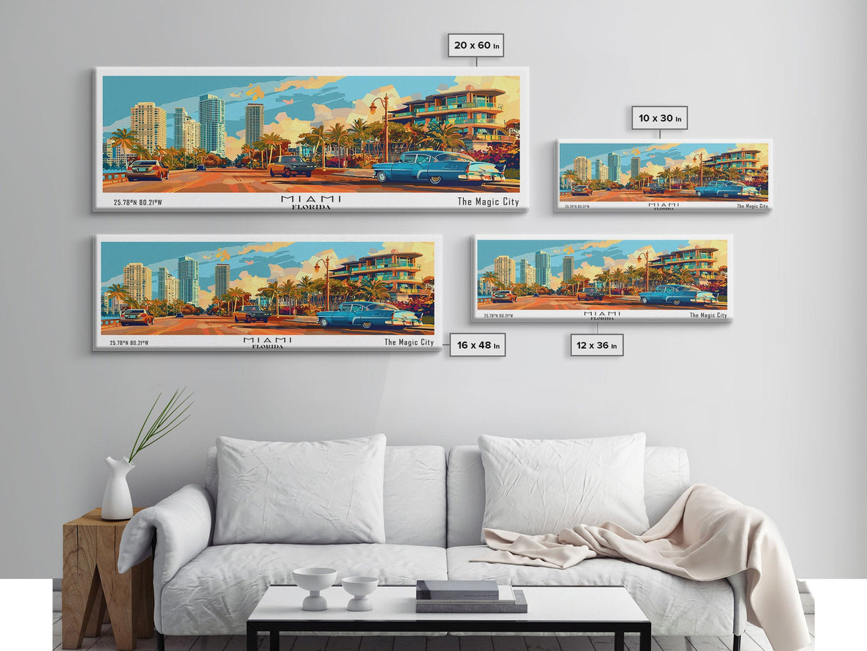 Miami Florida Panoramic Framed Canvas Print, Mid Century Modern Wall Art, Pop Art Home Decor, Retro Style Travel Poster