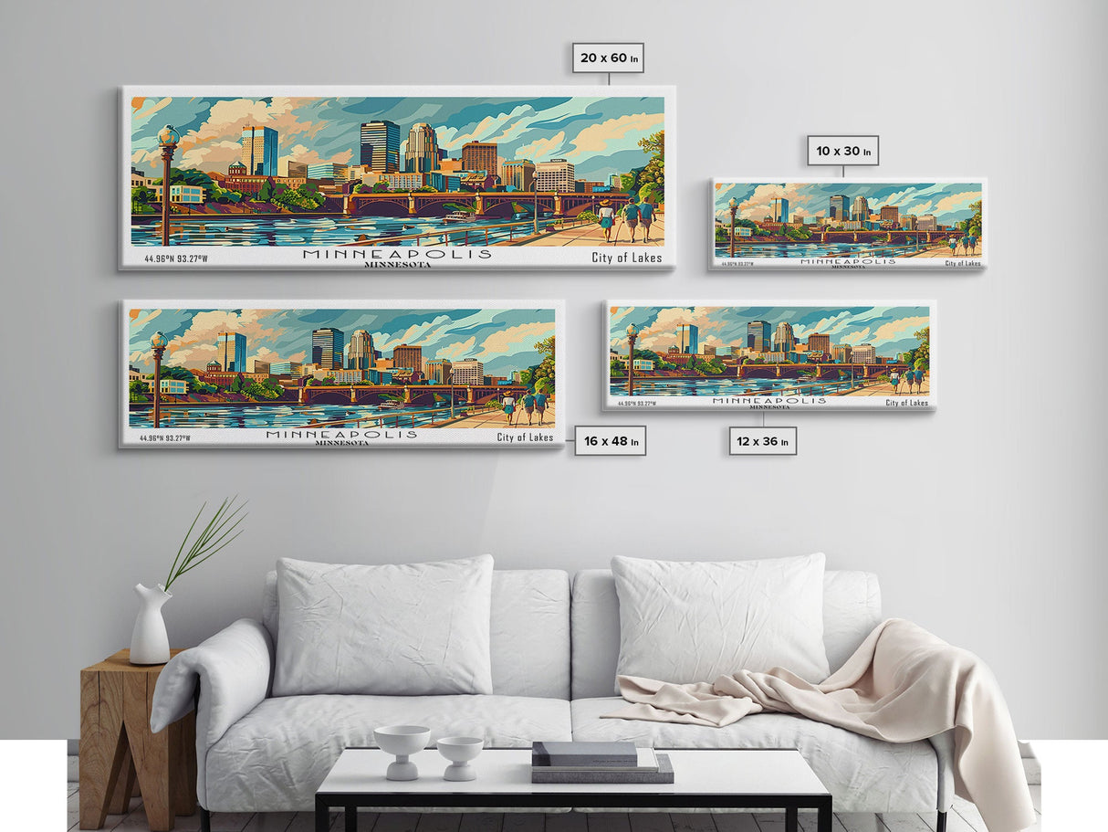 Minneapolis Minnesota Panoramic Wall Art, Mid Century Modern Framed Canvas Print, Retro Pop Art Travel Poster, Home Decor