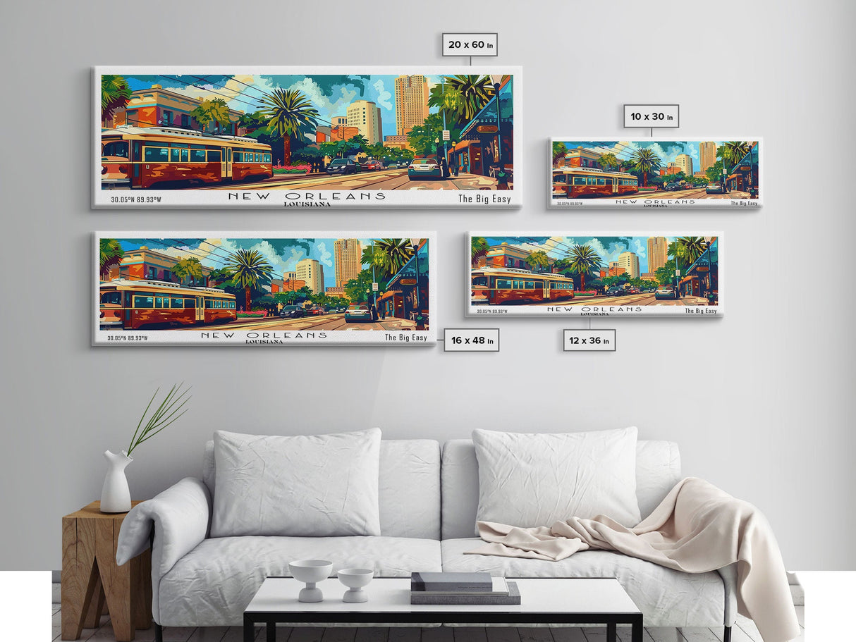 New Orleans Louisiana Panoramic Wall Art, Mid Century Modern Framed Canvas Print, Retro Pop Art Travel Poster, Home Decor