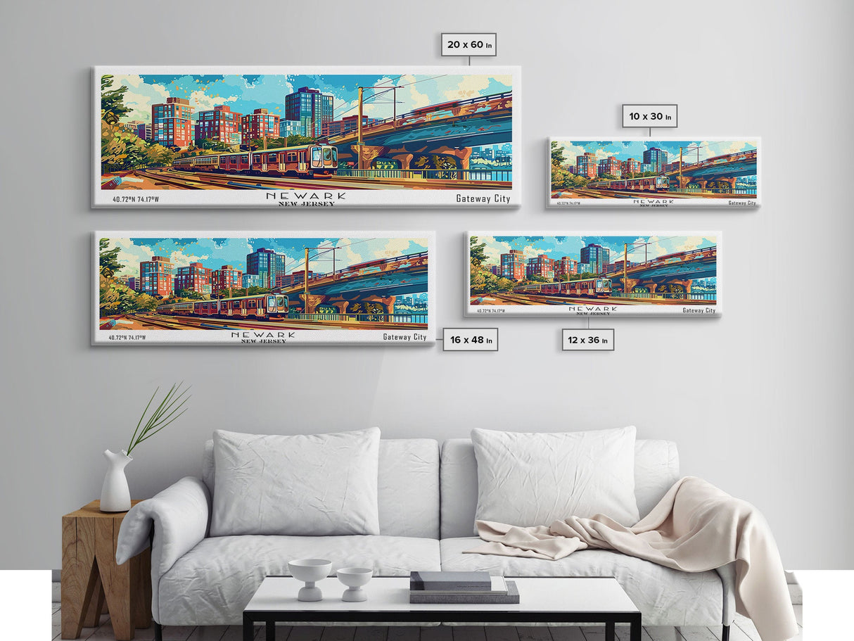 Newark New Jersey Panoramic Painting, Retro Style Framed Canvas Print, Mid Century Modern Wall Art, Pop Art Travel Poster