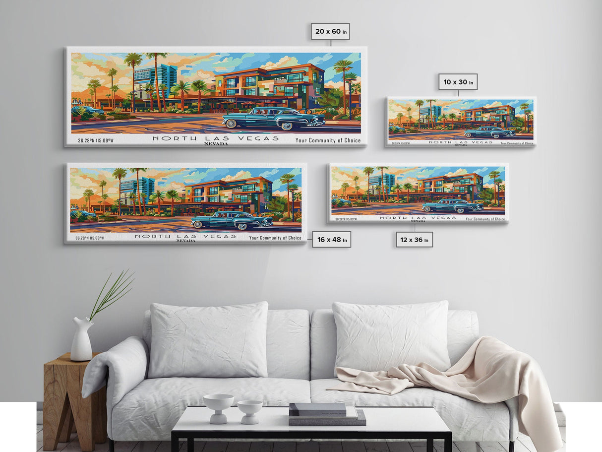 North Las Vegas Nevada Panoramic Painting, Mid Century Modern Framed Canvas Print, Pop Art Wall Hanging, Retro Travel Poster