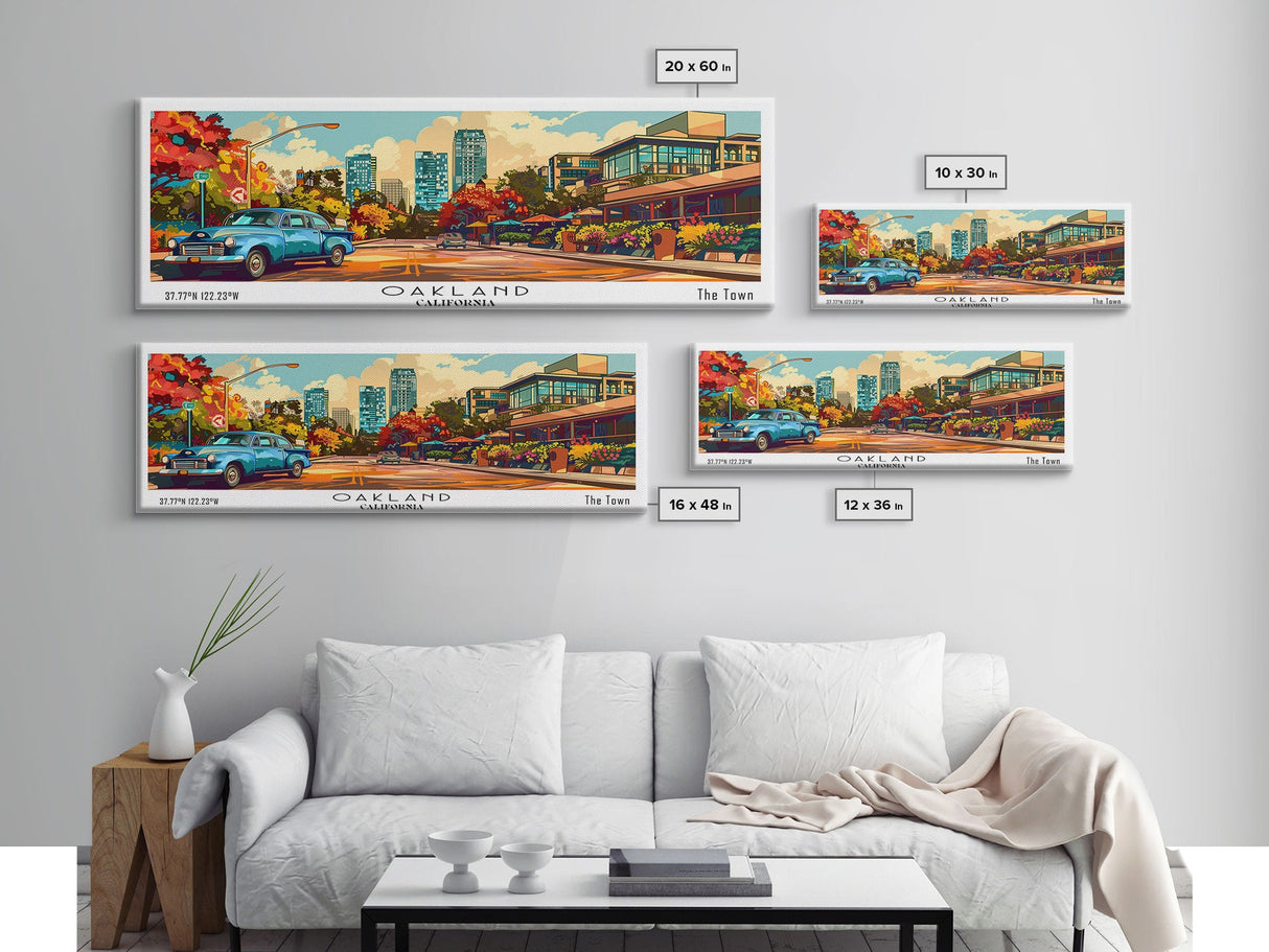 Oakland California Panoramic Wall Art, Pop Art Framed Canvas Print, Mid Century Modern Home Decor, Retro Style Travel Poster